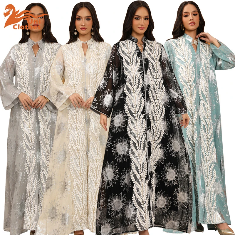 

UNI New Muslim Mesh Embroidery Robe Middle Eastern Clothing Jalabia Fashion Temperament Robe Ramadan Muslim Dress