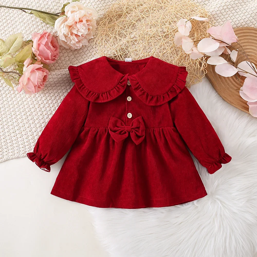 New Autumn/Winter Dress Solid Color Bow Button Solid Color Lapel Lace Pleated Sweet Princess Dress (0-3 Years Old Girls)