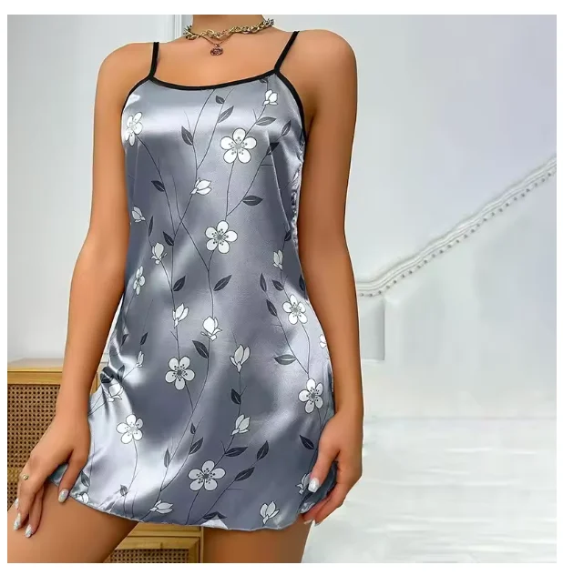 Ladies Sexy Sling Nightgown Nightdress Women\'s Sexy Lingerie Silk Satin Sleepwear Floral Pinting Nightwear Homewear Mini Dress