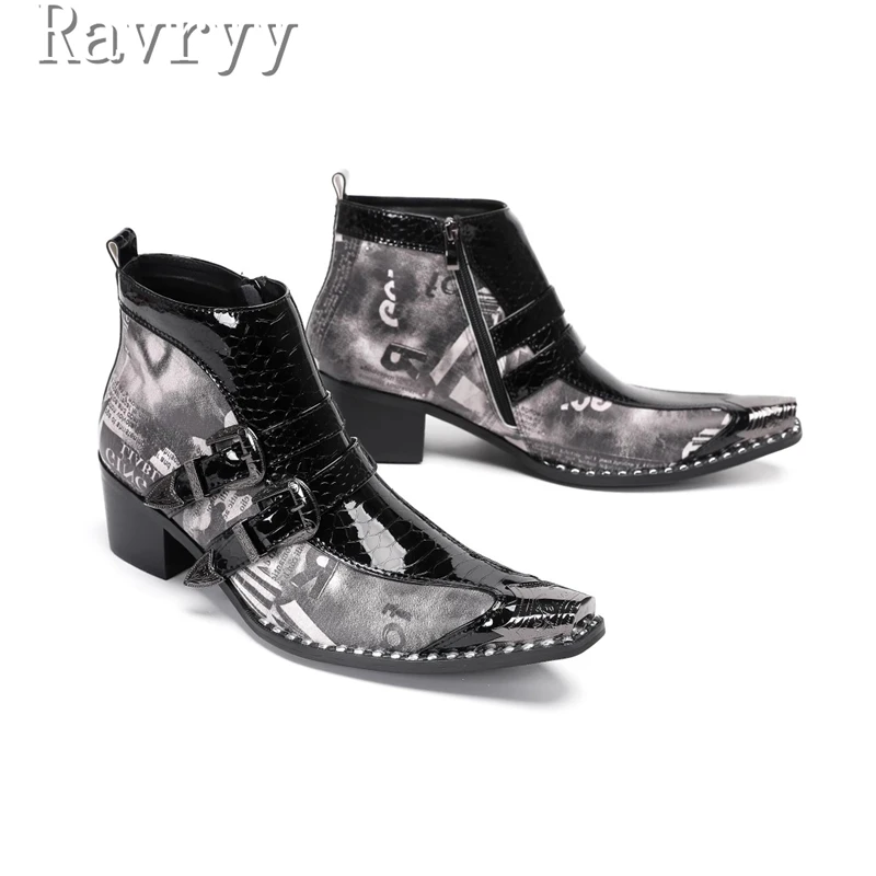 

Luxury Handmade Men Genuine Leaher Ankle Boots Metal Toe Patchwork Prints Buckle 6.5cm Thick Heels Chelsea Boots
