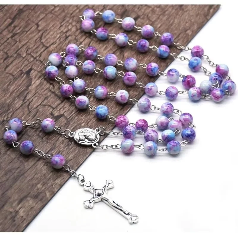 Colorful Bead Rosary Necklaces Bead Chain Pendant Ornaments for Home Church Yoga Room Decorations Gift