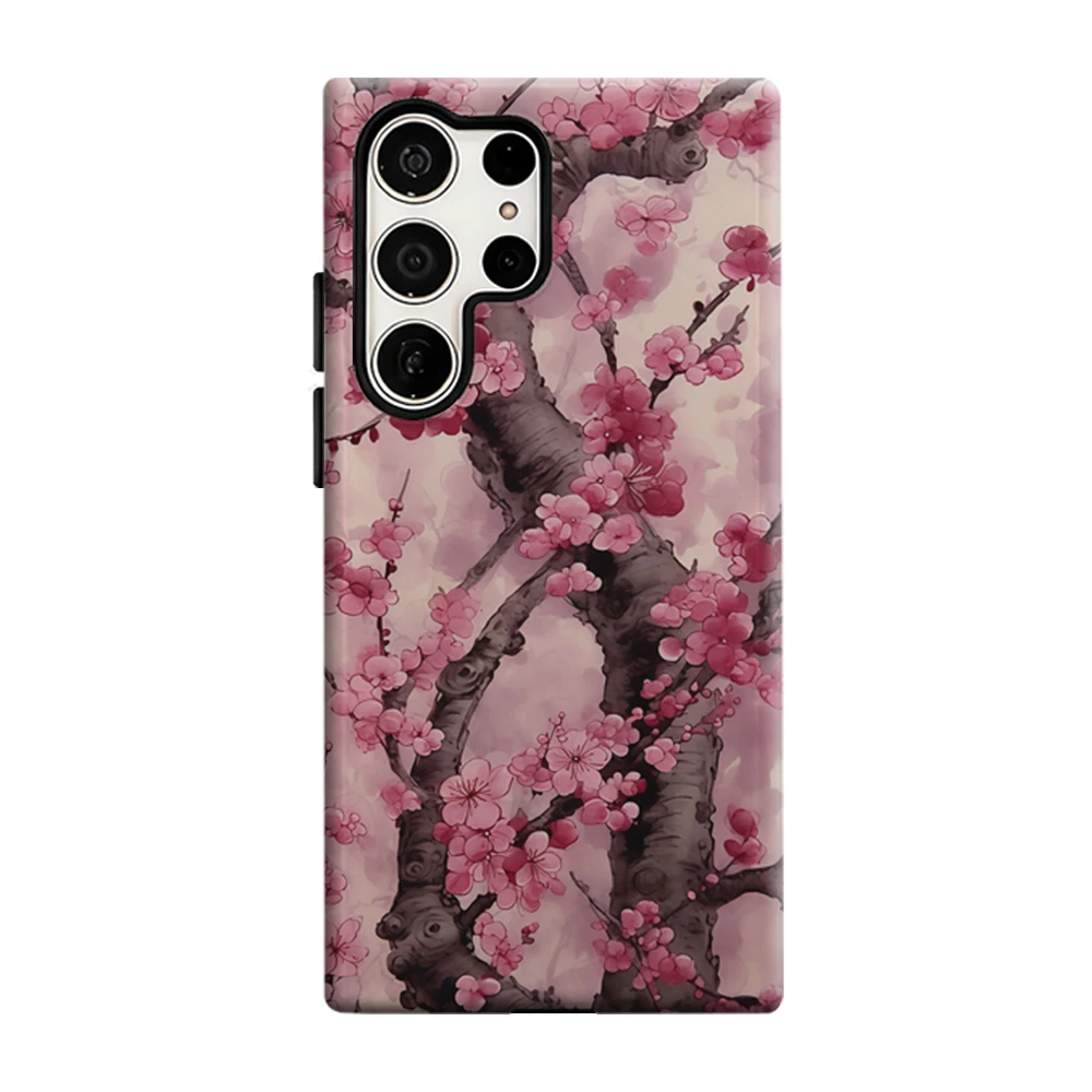 Pink Cherry Branch Phone Case For Samsung Galaxy S25 S26 Ultra S24 S23 Plus Shockproof Double Layer Tough Back Cover