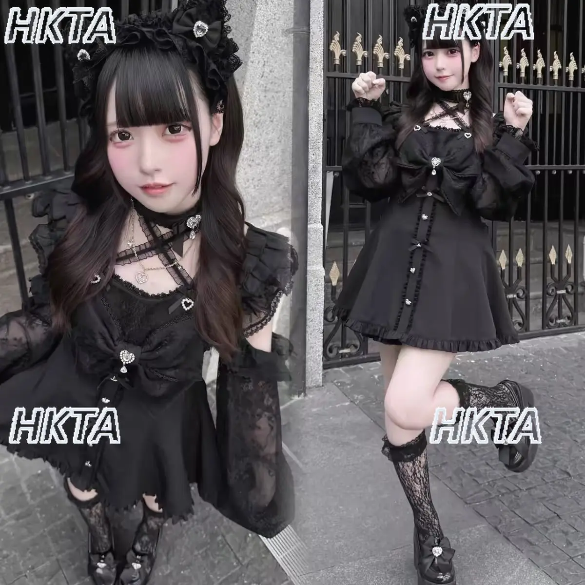 Japanese Subculture Y2k Sweet Girl Hollow Long-sleeve Dress Shorts Set Autumn New Slim and Thin Black Dress Shorts Two-piece Set