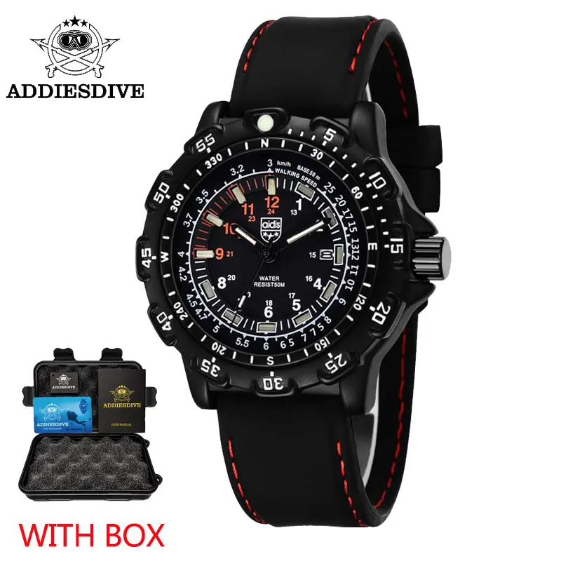 Addies outdoor Army Sports Luminous tube Quartz Wrist Watches 50M waterproof Men Black Silicone Military Watch Clock Men\'s watch