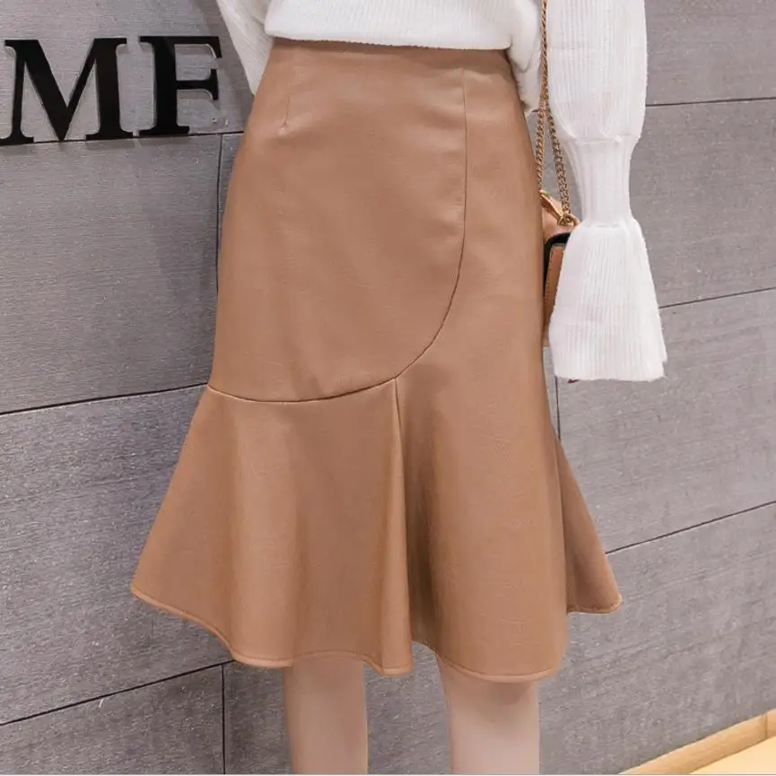 Pu Trumpet / Mermaid Skirts faux Leather Skirts Women  high waist package hip skirt