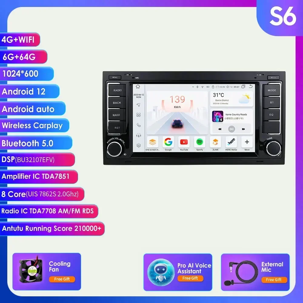 Carplay 4G-LTE 7 ''2Din Android 14 Autoradio GPS voor VW Volkswagen Touareg Transporter T5 Multivan Naviagtion speler Audio WIFI