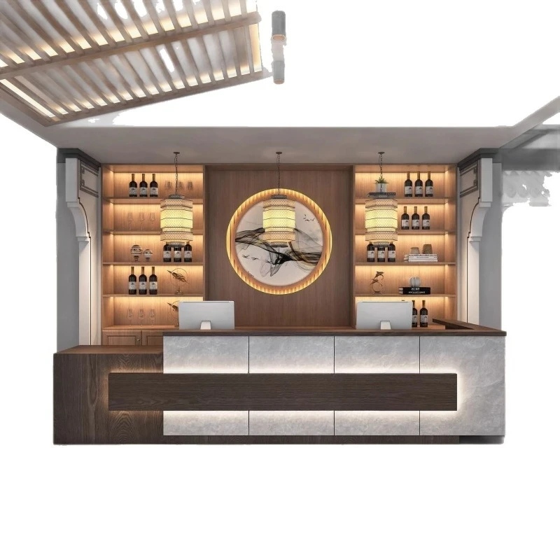 Bar table, cash register, hotel front desk, catering outlet