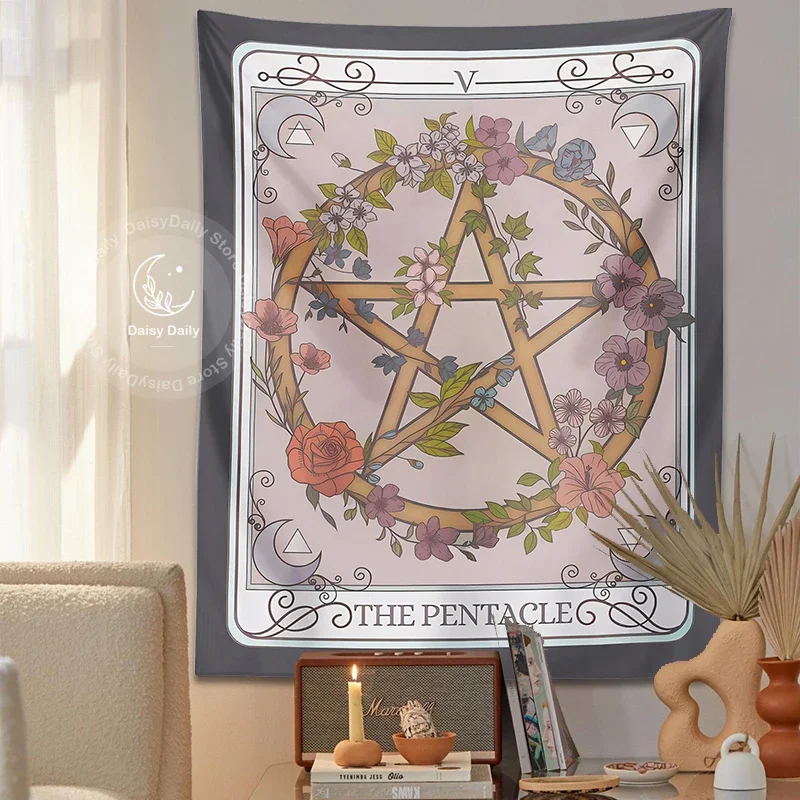 Pentagram Tarot na ścianę wiszące wiedźmy Forestcore botaniczny kwiat magiczny okultystyczny Symbol Boho salon akademik wystrój domu