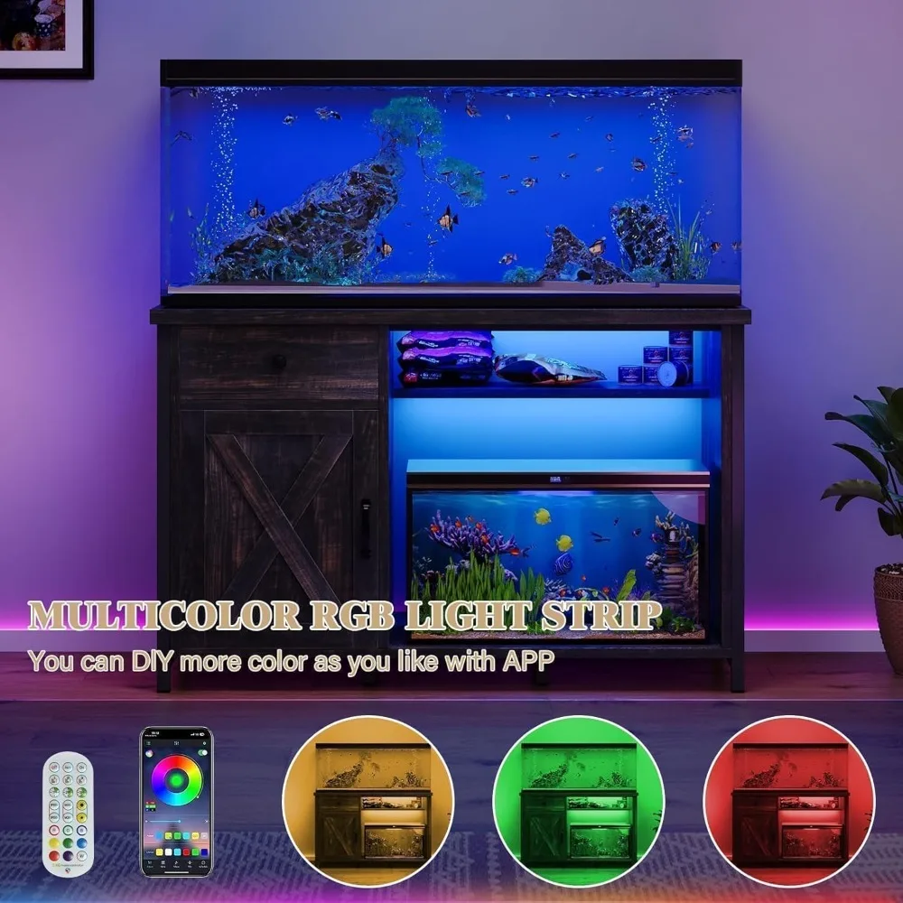 55 Gallon Fish Tank Stand with LED Light & Power Outlets, 55-75 Gallon Aquarium Stand with Drawer & Barn Door,
