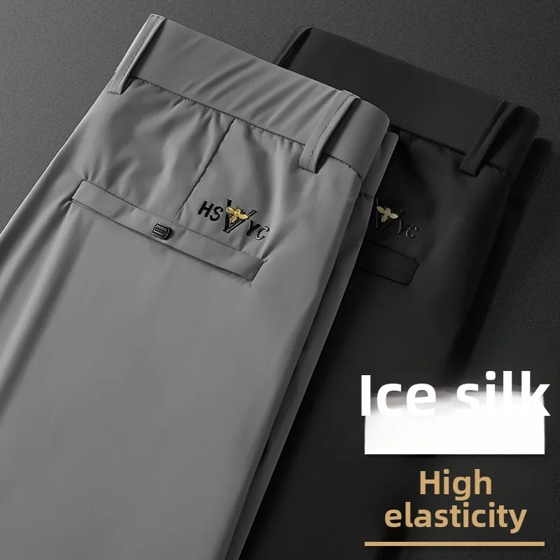 

Summer Thin Ice Silk Busin Casual Pants Men's High Elastic Straight Tube Iron Free Loose Men's West Pants Match All Long P...