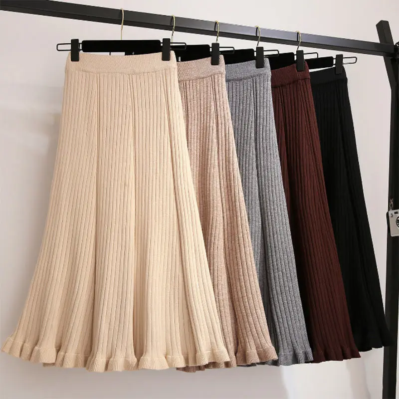 Twisted Knitted Skirt Women Korean Vintage A-line Long Skirts Sheath Sweater Skirts Winter Apricot Black Elegant