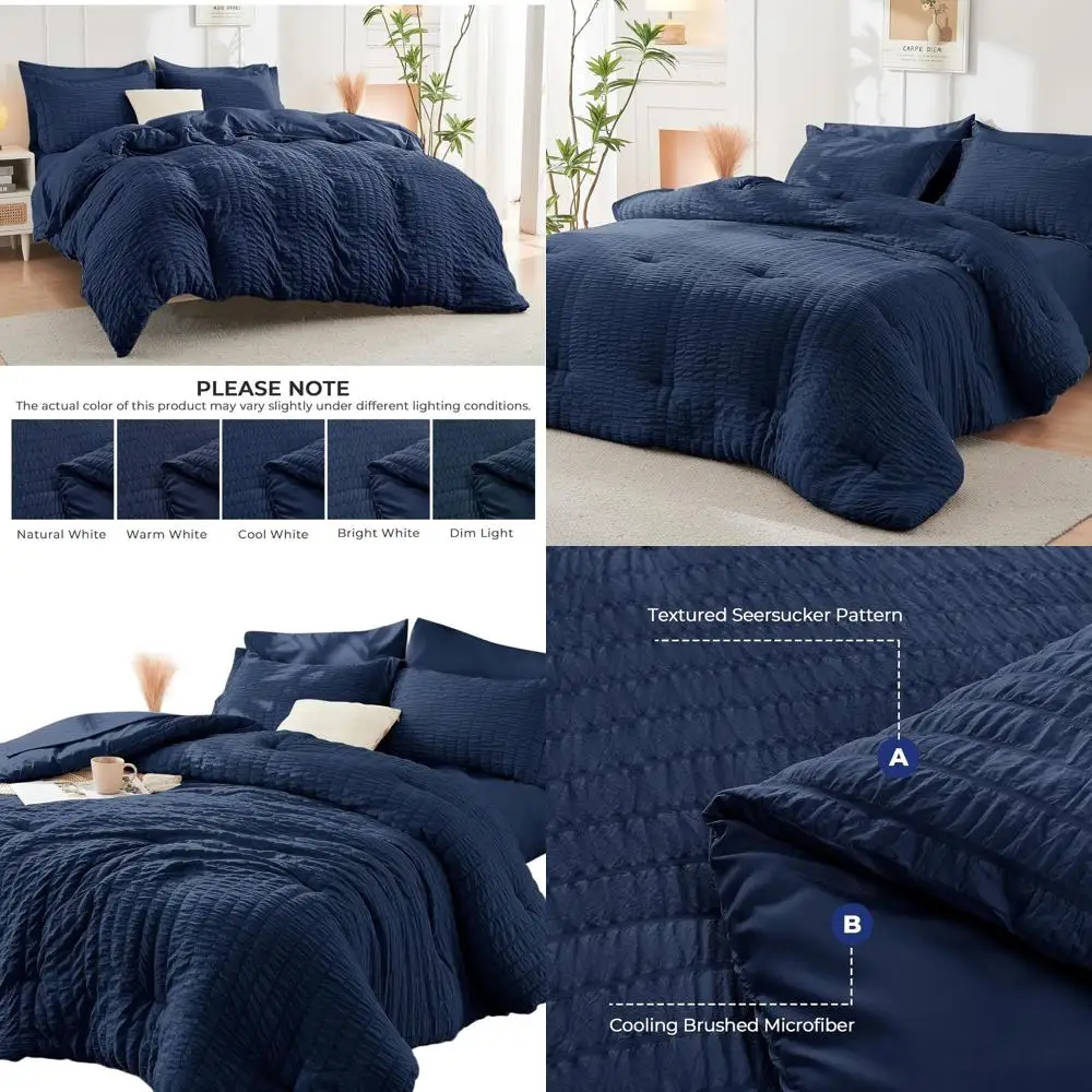 

All-Season Navy Blue California King Comforter Set with 7-Piece Seersucker Luxury Bedding