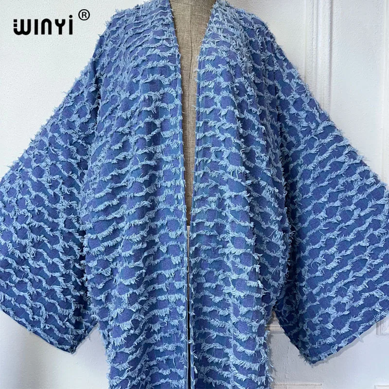 WINYI Kimono Plush everted denim long down overcoat maxi Dress elegant Party Holiday Swimming beach Cover Up fashion dress abaya