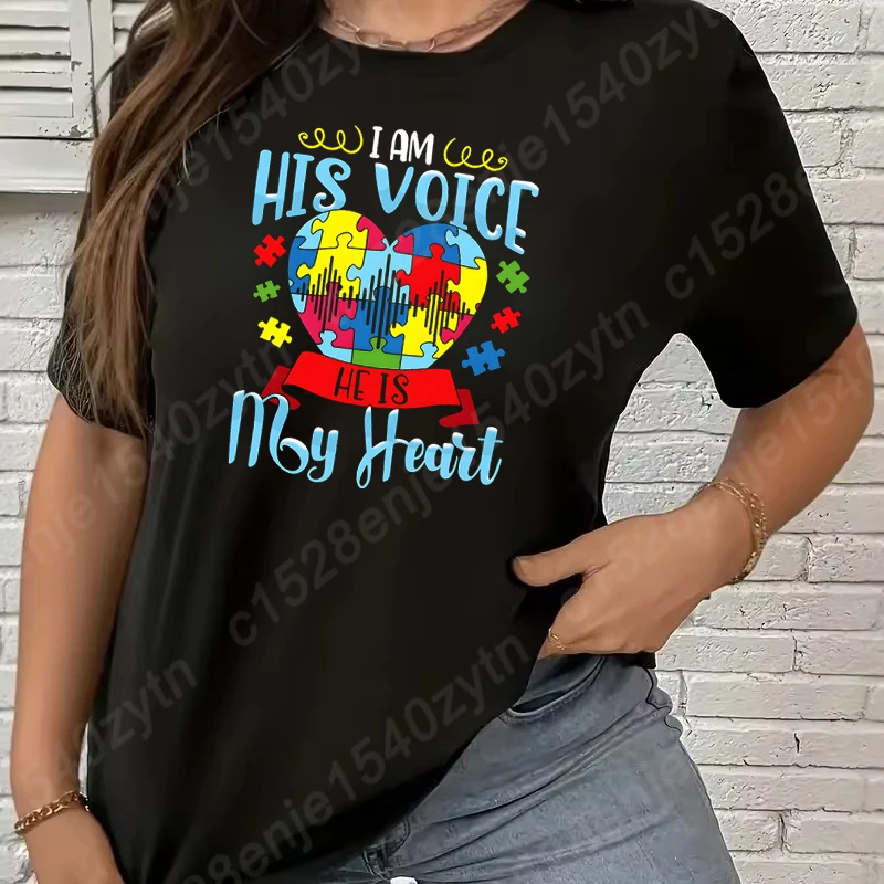 

Autism I Am His Voice He Is My Heart Print T-shirts, Women Summer Short Sleeve O Neck Tees, Creative Oversized Tops