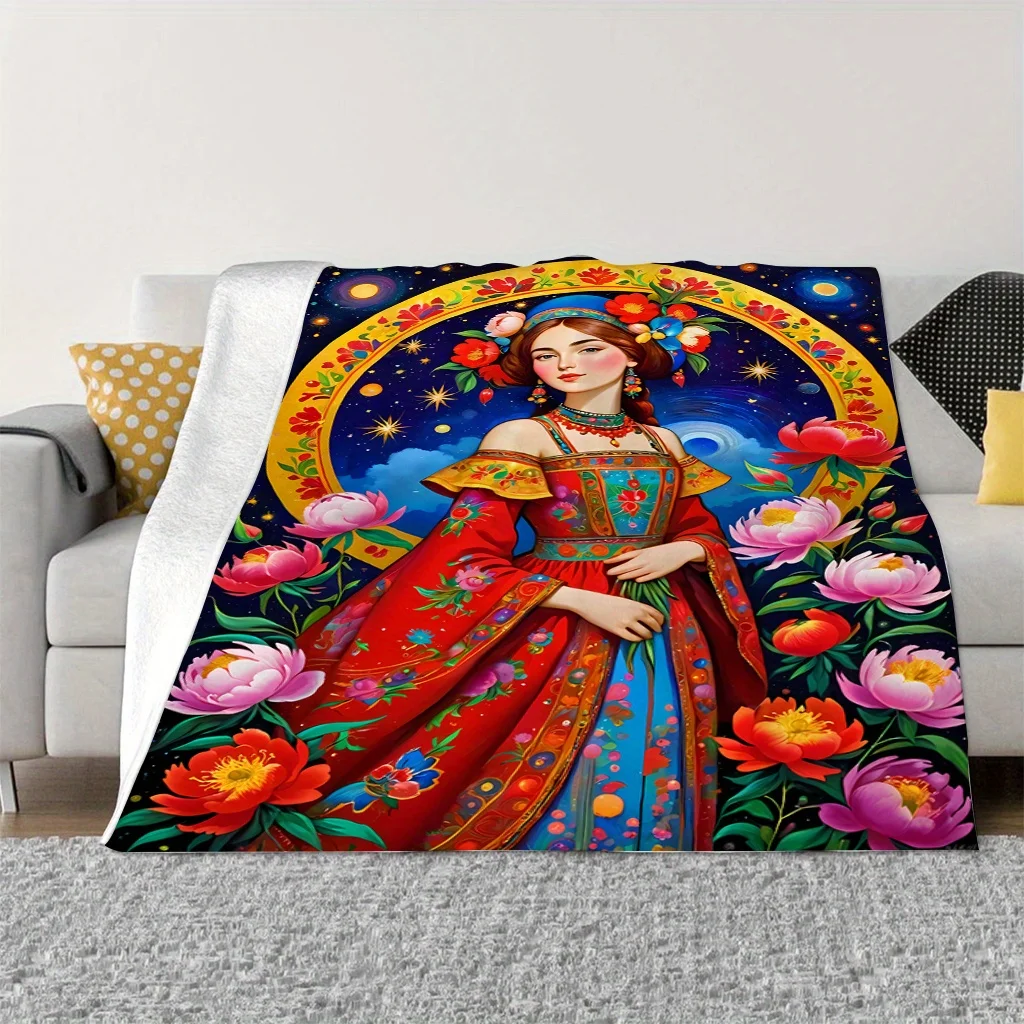 Russian Pattern Flannel Short Plush Blanket, Warm and Cozy Living Room Blanket, Sofa Decoration, All-Seasons Travel Blanket - Ho