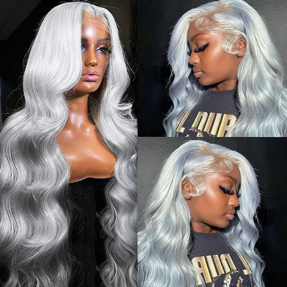 40 Inch Silver Grey Colored Body Wave Lace Front Human Hair Wigs 13x6 HD Transparent 613 Lace Frontal Wigs For Women Pre Plucked