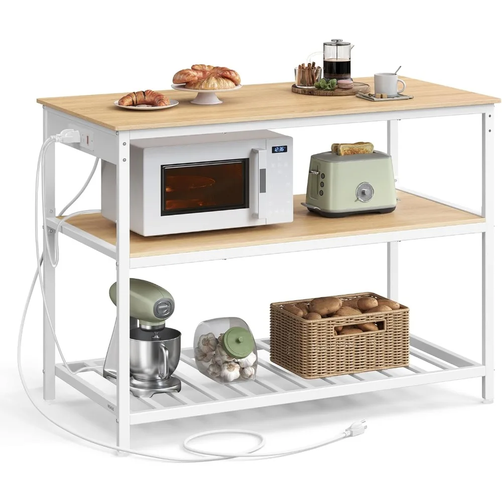 جزيرة مطبخ كبيرة مع أرفف من 3 طبقات، شريط طاقة متضمن، 23.6 × 47.2 × 34.9، سطح عمل واسع، إطار معدني