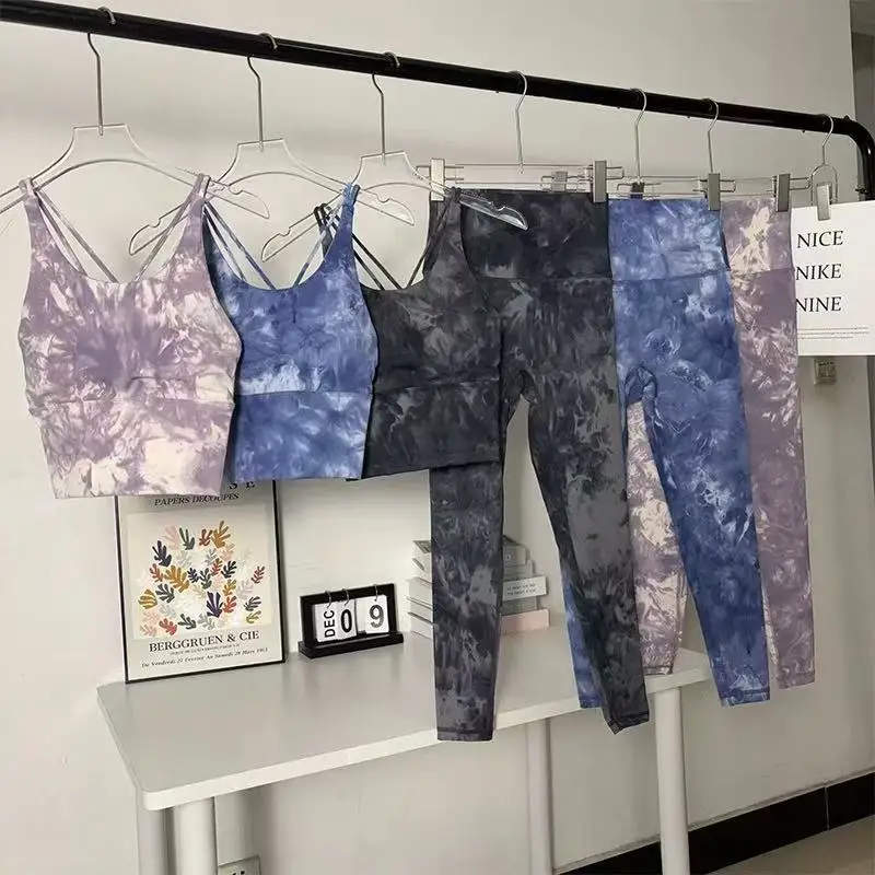 

Женский комплект для фитнеса с принтом тай-дай, 2 шт., дышащий спортивный костюм в европейском и американском стиле для бега, тренировок, пилатеса, йоги, похудения