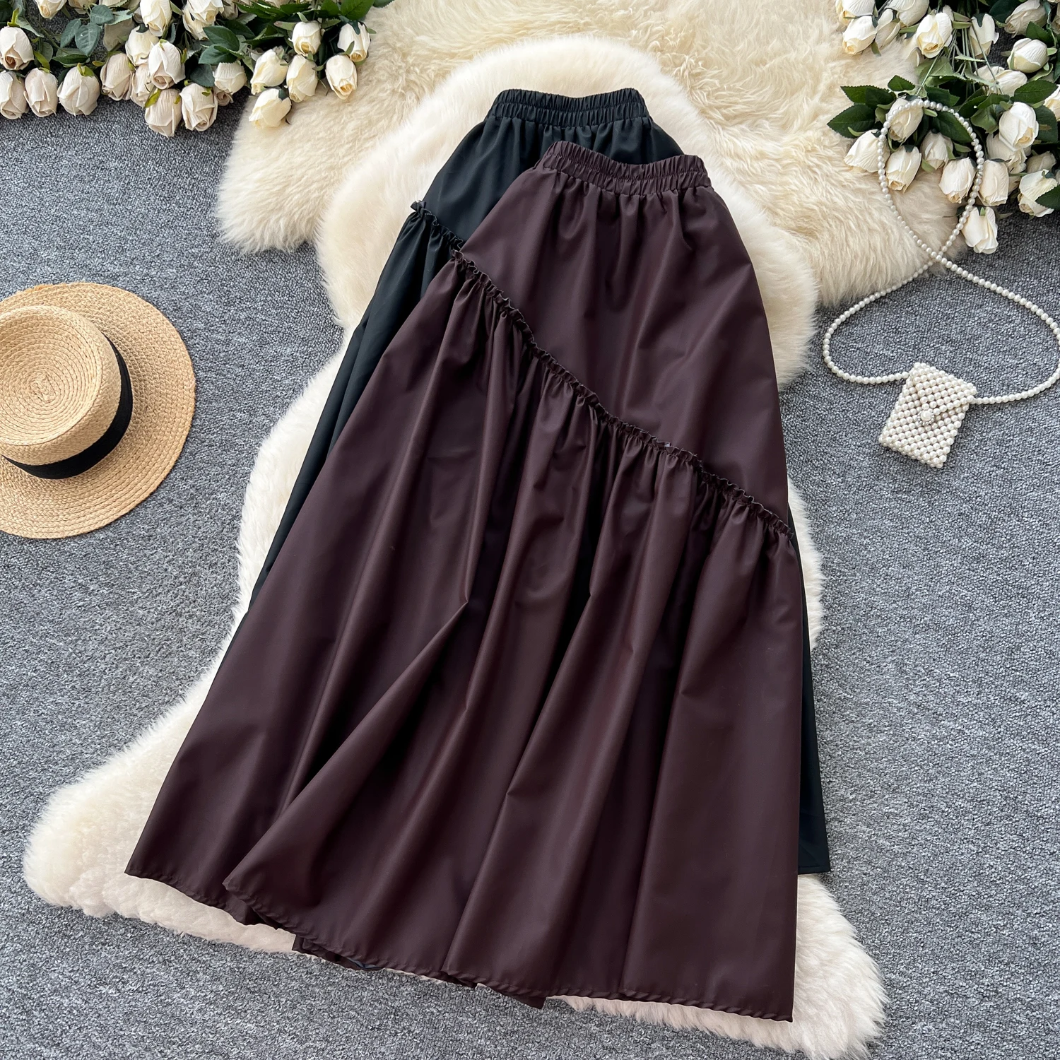 Seoulish Retro Irregular PU Faux Leather Midi Skirt 2026 Autumn Winter Solid High Waist Slim Lady Pleated A Line Skirts Women