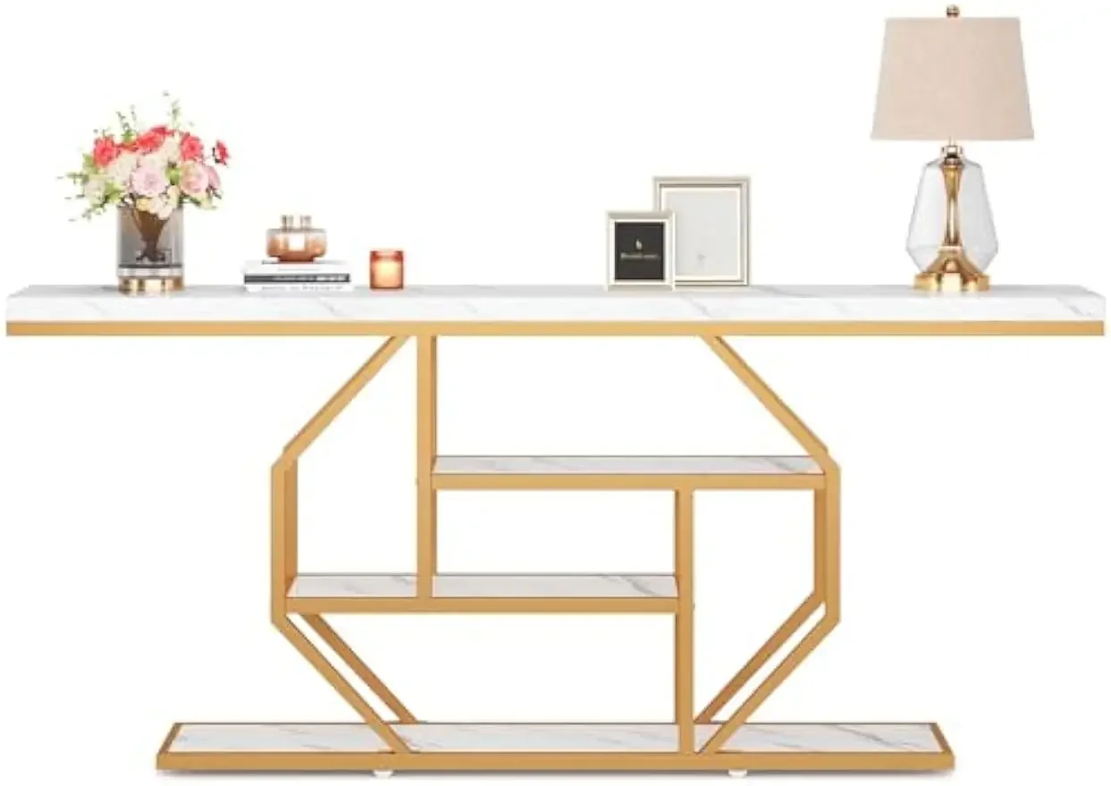 4-Tier Modern Gold Entryway Table with Open Shelves, Sofa Table for Living Room, Hallway, Entrance