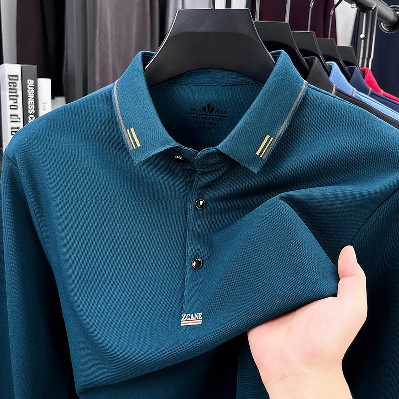 100%Cotton Man Long-Sleeve Polo Shirt Lapel Button Letter Embroidery Versatile Leisure Autumn Winter Anti Pilling Men's Clothing