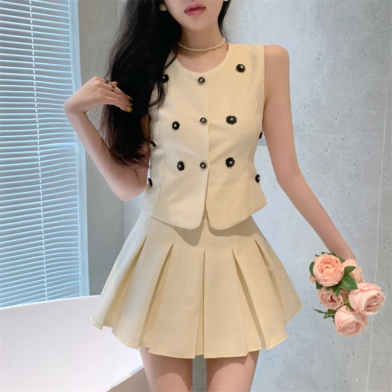 French Celebrity Lady 2 Piece Dress Sets 3d Flower Women O Neck Short Tank Top&High Waist Pleated Mini Skirt Elegant 2pc Suits