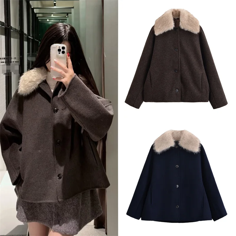 

2025 Women's Jacket Autumn New Style Solid Color Long Sleeve Removable Faux Fur Collar Wool Coat Casual Fashion