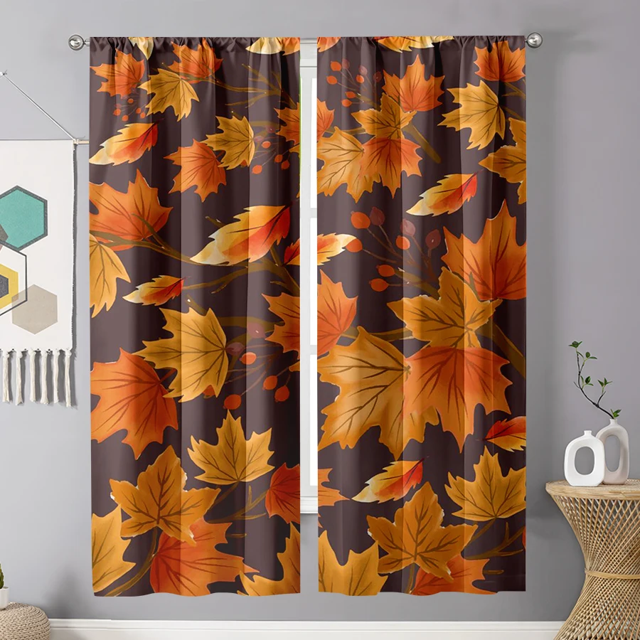 2PCS Digital Print Curtain, Dense Maple Leaves Dark Background, Rich Autumn Fall Foliage Style for Living Room Bedroom Decor