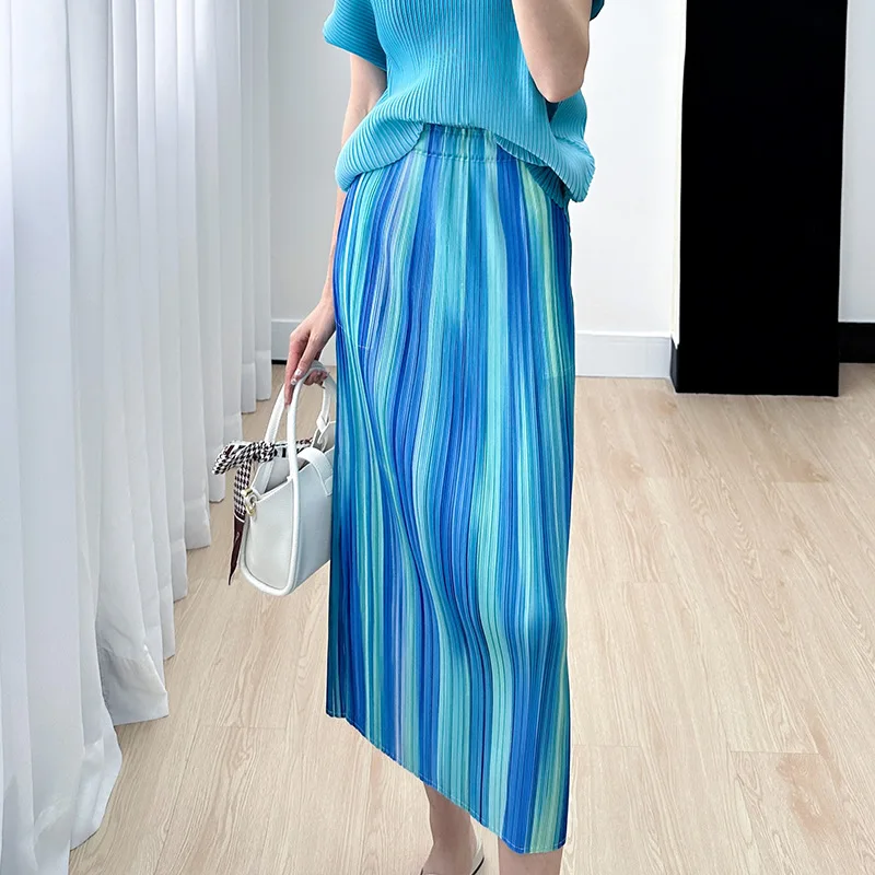 Miyake Style Skirt Women's Fashionable Temperament Versatile Niche Print Slim Slim Pleated Skirt 2024 Summer New Style