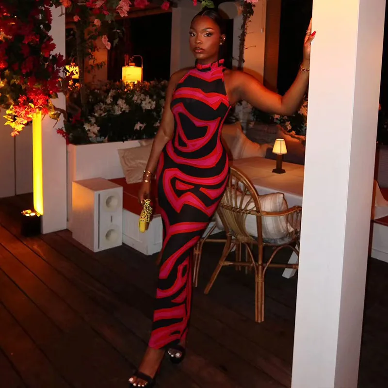 Black Patterns Party Clothes For Women, Fashionable Color-blocking Elegant Body Clothes With High Necklace And Sleeveless Maxi