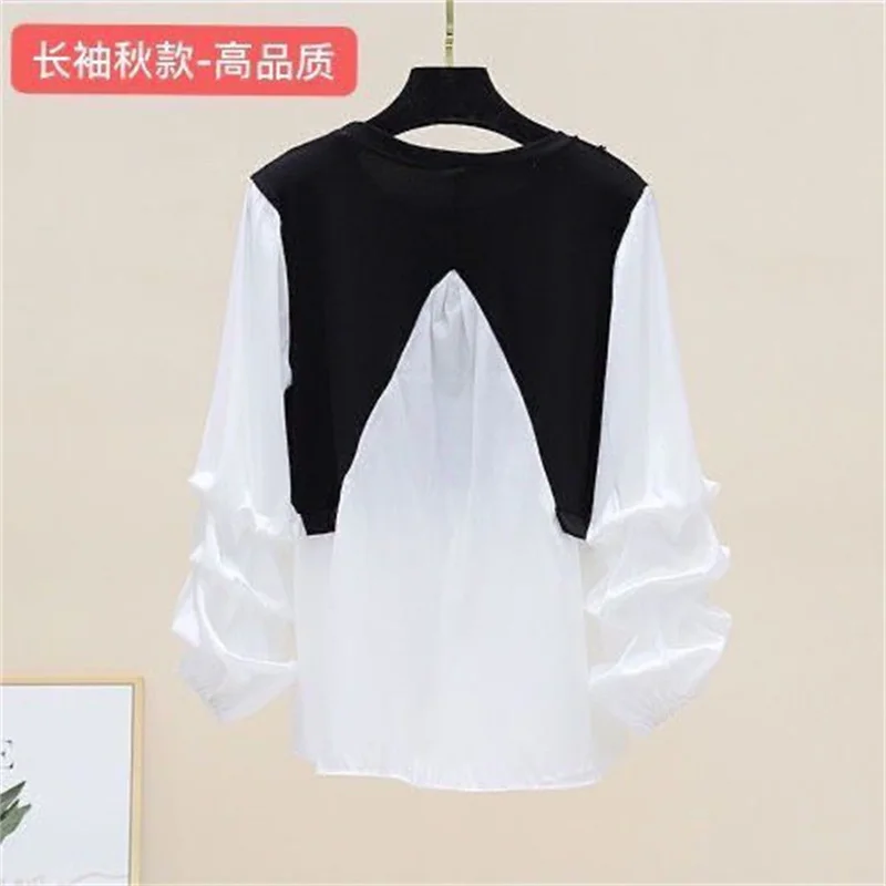 New 2025 Fake two Items Shirt For WOMEN Korean Edition Spring Autumn Spliced Long Sleeved Shirt Casual Ladies Blouse Top Shirt