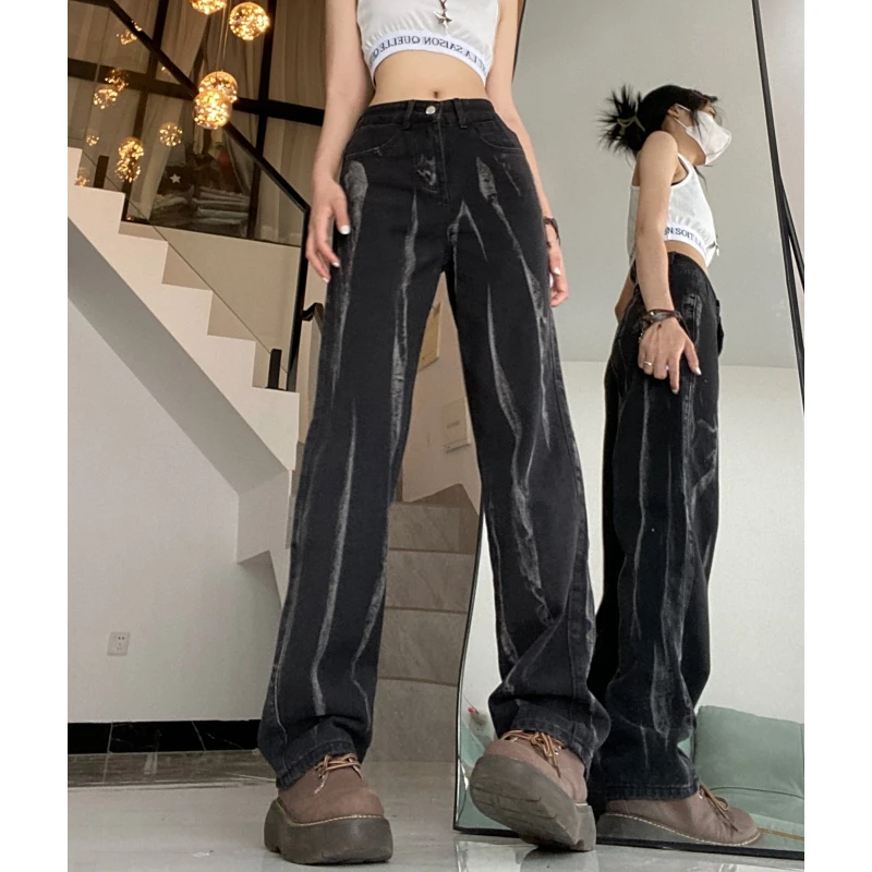 

Women Black Jeans Gradient Vintage High Waisted American Wide Leg Pants Fashion Y2K Style Straight Summer Female Denim Trouser