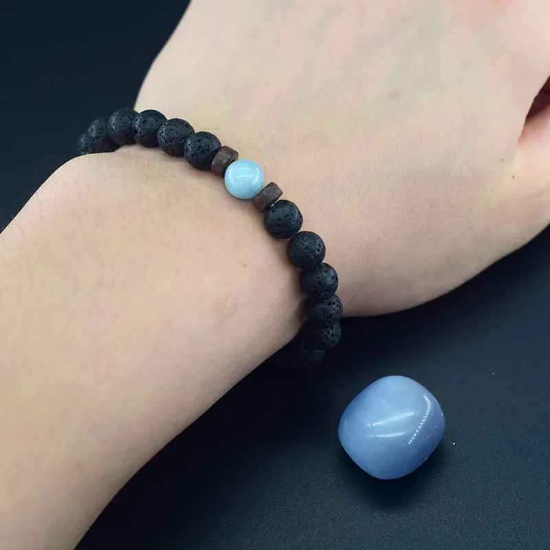 Natural Aquamarine Quartz Beads Bracelet Women Men Natural Volcanic Lava Bangle Tibetan Buddha Wristband Jewelry Gift for Lover