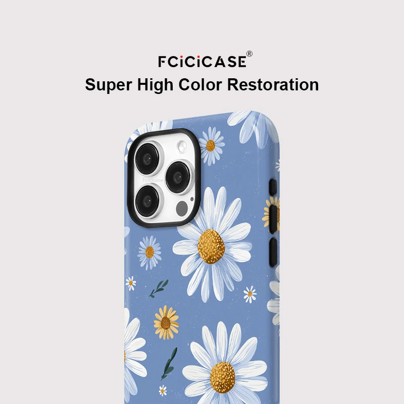 FCICICASE 럭셔리 데이지 꽃 무늬 아이폰 16 15 14 플러스 13 12 11 프로 맥스 충격 방지 2 in 1 마그네틱 PC TPU 케이스