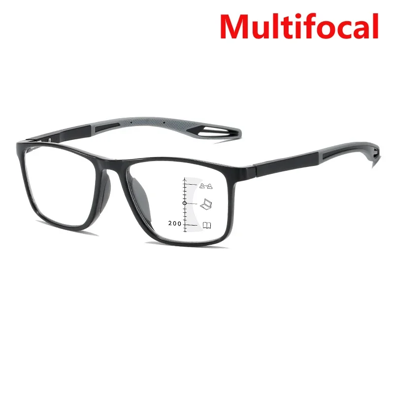 Neue trendige TR90 photochrome multifokale Lesebrille 3-in-1 Outdoor Bifokale Sonnenbrille Sport Anti Blue Near Far Brille