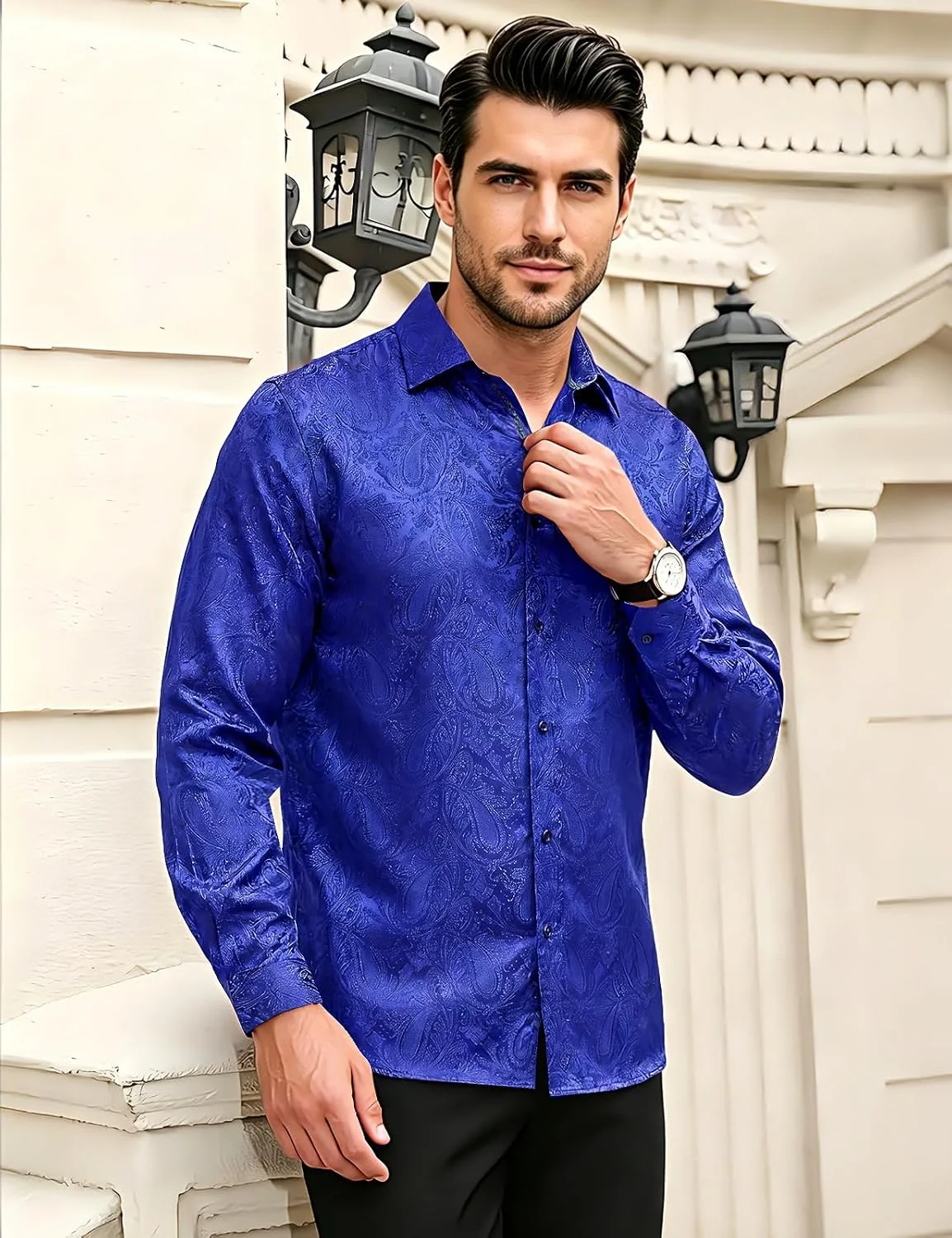 Men's Light Luxury Satin Polyester Long Sleeve Shirt Colorful purple Highlight Glossy Printed Shirt Nightclub Focus Performance
