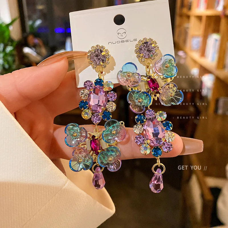 Asymmetric Crystal Circle Flower Earrings Colorful Retro Design Daily Wear Earrings Women