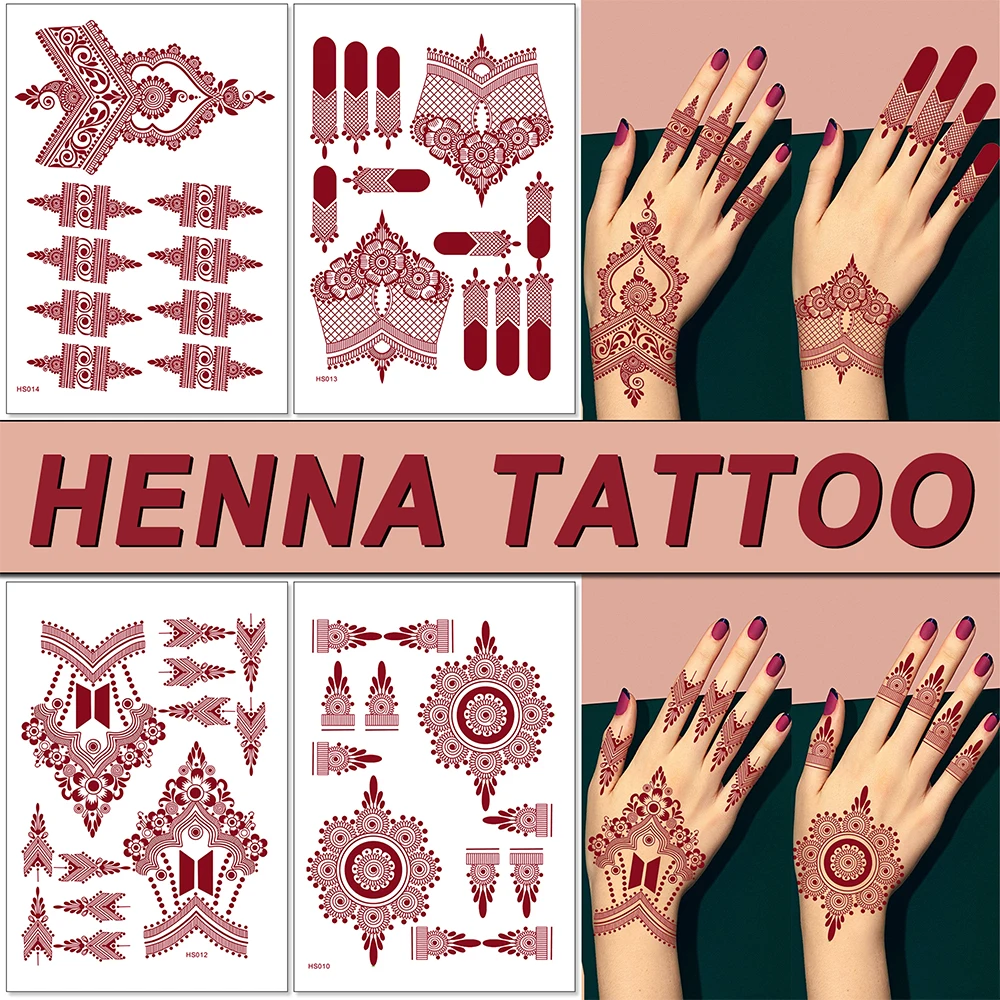 

4pcs Waterproof Temporary Tattoo Stickers - Red Brown Lace Striped Hand Painting Stickers, Perfect for Wedding, Party, Festival