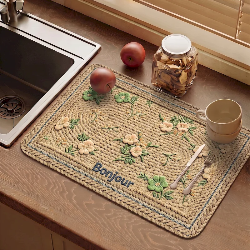 VIKAMA Retro Flower Tableware Drying Mat Anti Slip Quick Water Absorption Mat Kitchen Countertop Mat Sink Home Decoration