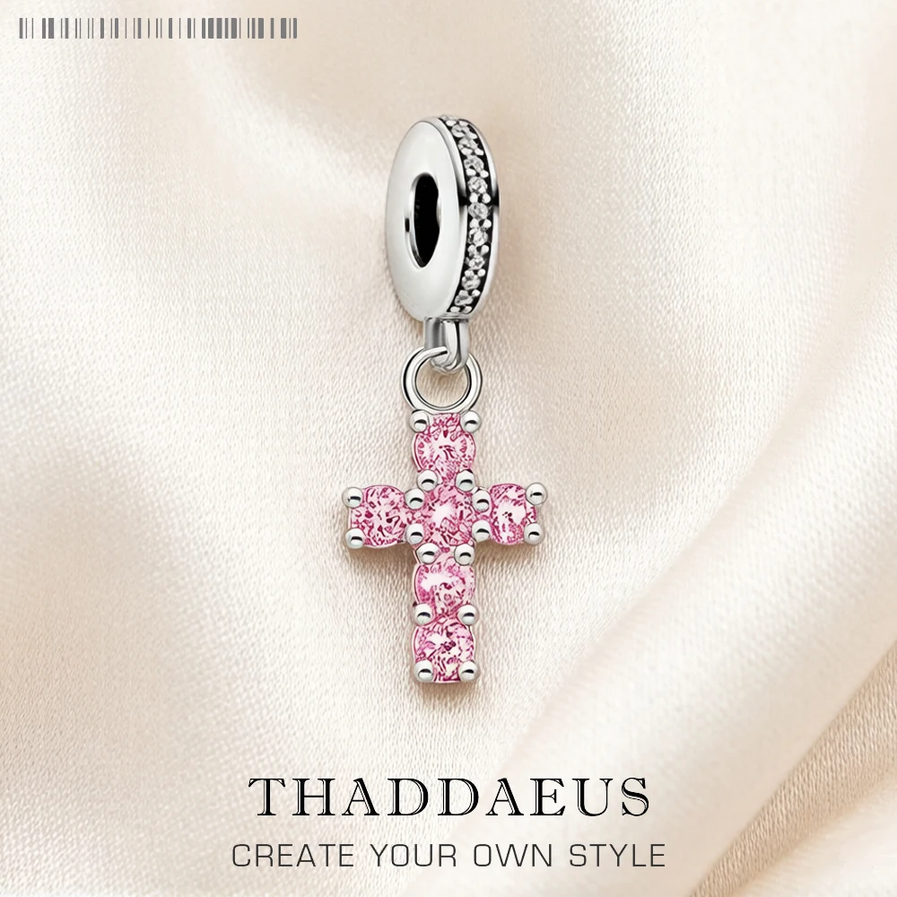 

Pink Stone Cross Charm Pendant 925 Sterling Silver New DIY Jewelry Romantic Accessories For Women