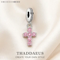 Pink Stone Cross Charm Pendant 925 Sterling Silver New DIY Jewelry Romantic Accessories For Women