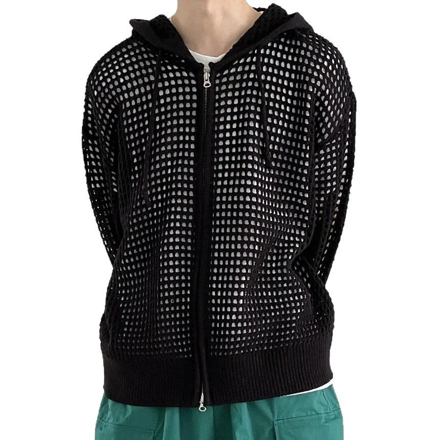 

Y2K Knit Hooded Cardigan Men Hollow Sweater Unisex High Street Loose Fit Minimalist Korean Style Streetwear