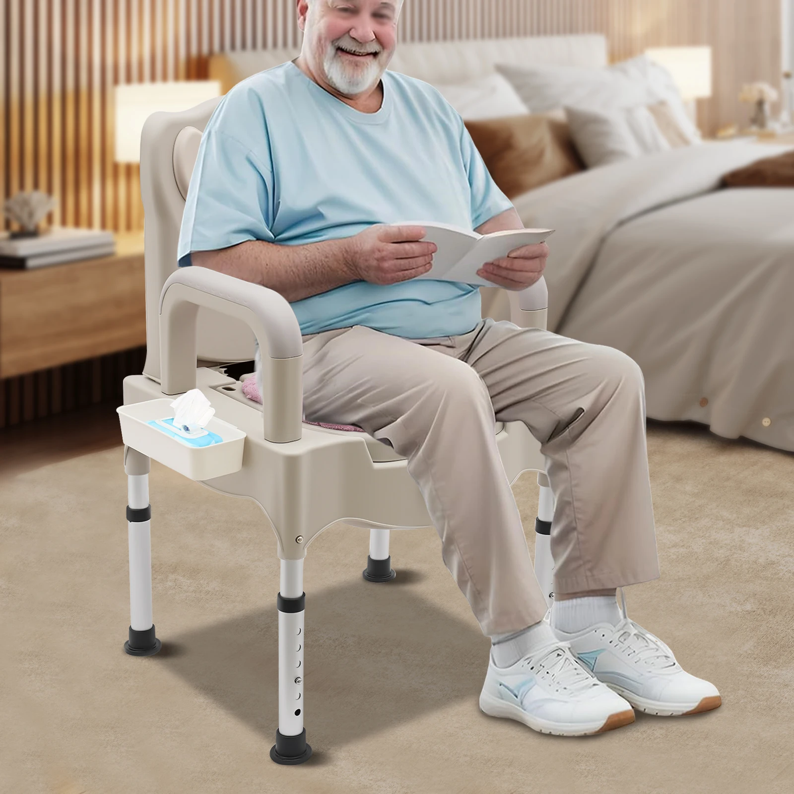 كرسي مرحاض مع ضوء ليلي وحامل مناديل - قاعدة ألومنيوم قوية، مقعد PU مريح، سعة 551 رطل، لكبار السن والمعاقين