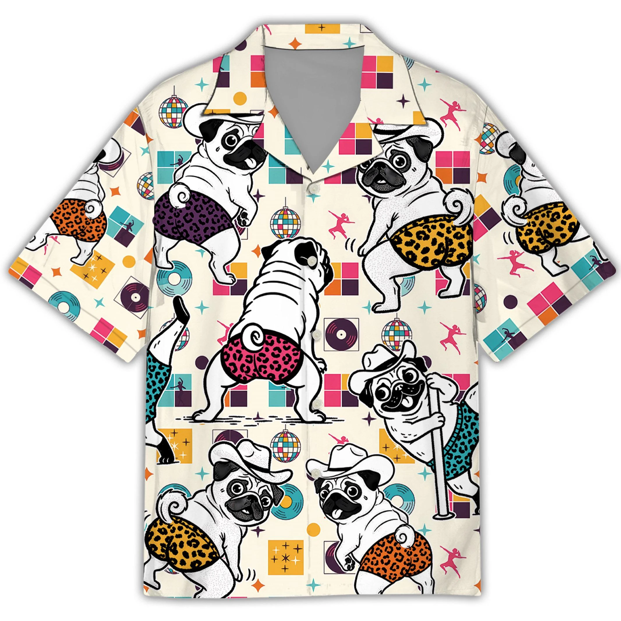 New Funny Pug Pole Dance Hawaiian Shirt Quirky Pet Disco Aloha Button Up Animal Lover Gift Unisex Party Top For Pug Owners