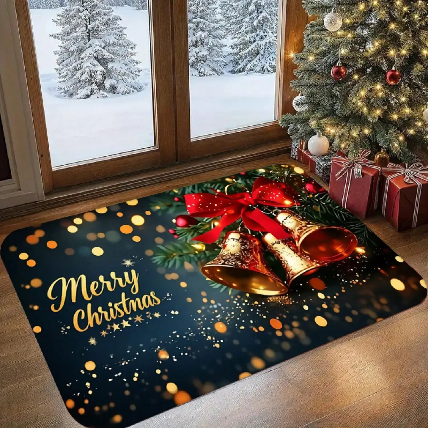 1pc Christmas Bell Pattern Printed Doormat, Soft And Comfortable Flannel Floor Mat For Indoor Entryway Or Footrest. Suitable For Doorways, Living Room, Bedroom