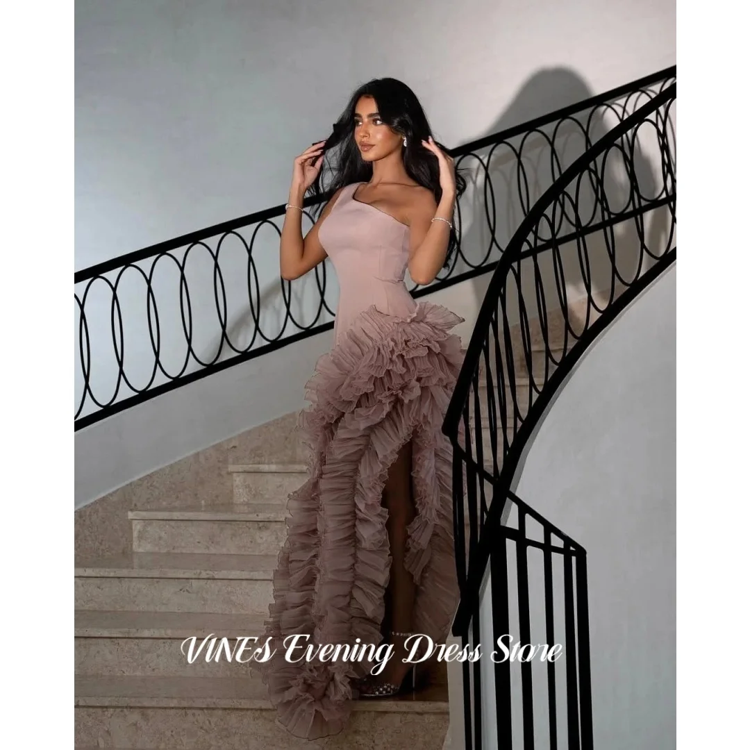 VINES Dusty Pink One-Shoulder Prom Dress Ruffled Evening Dress with High Slit S…