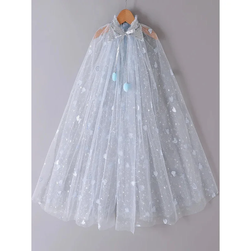 

Girls Dreamy Sequin Decor Mesh Cloak Flutter Trim Cape FRuffle Tulle Girl Cape Cosplay Costume Kids Dress Up Princess Cape Shawl