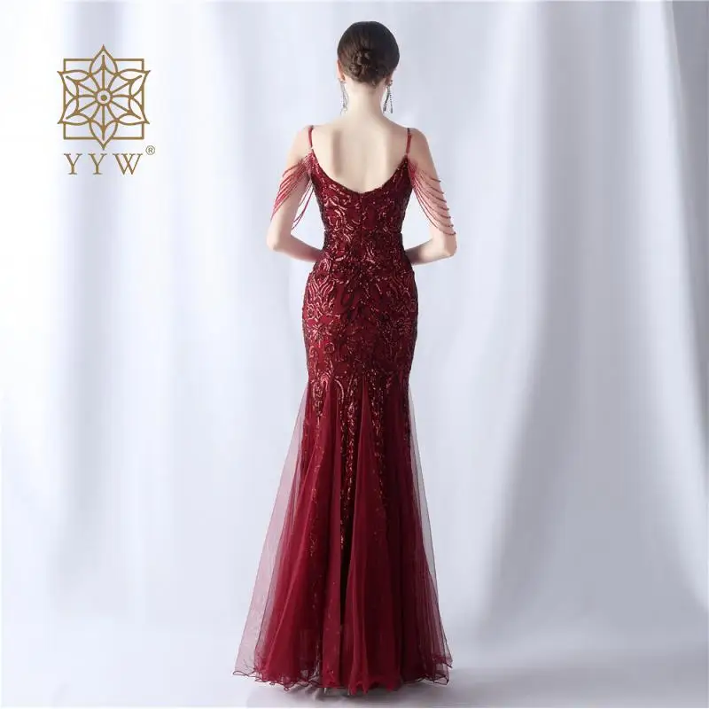 Mermaid Long Evening Dress For Women Pink Strap V Neck Maxi Wedding Vestido Elegant Evening Sequin Embroidery Ceremony Ball Gown