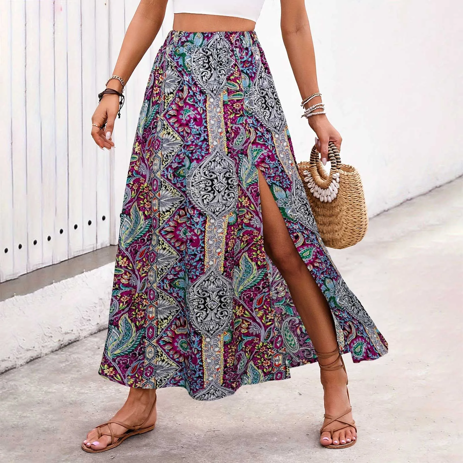 Women Fashion Floral Print Folds Bohemian Elastic High Waist Skirt Ladies Knee-Length Long Skirts Women Wrap Flower Long Skirt