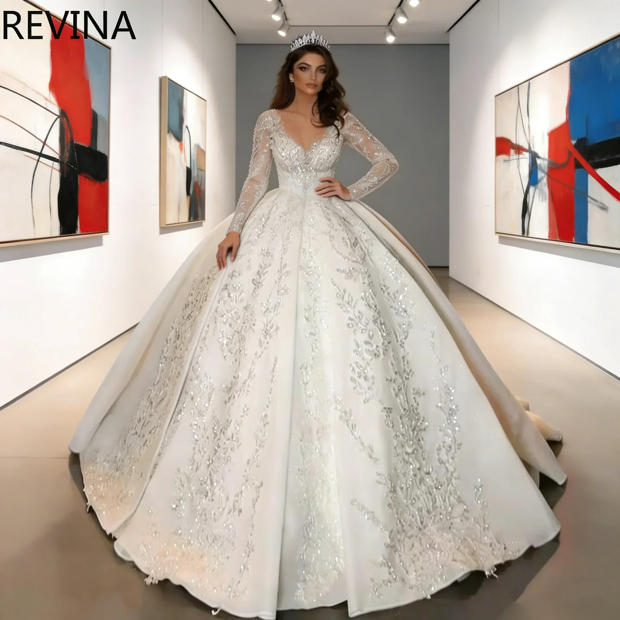 

Princess Luxury Ball Gown Wedding Dress Long Sleeved Sweetheart Sequined Appliques Bridal Gown Custom Arabic Vestidos De Novia